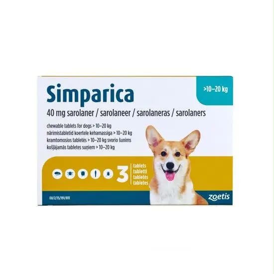 Simparica (Sarolaner) 40 mg Chewable Tablets for Dogs, 10–20 kg, 3-Tablet Pack