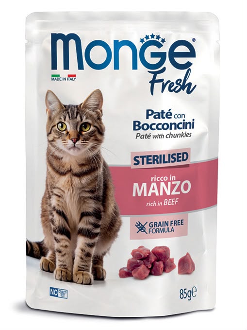 Monge Fresh Sterilised Paté with Beef Chunkies Cat Food Pouch, Grain-Free, 85g