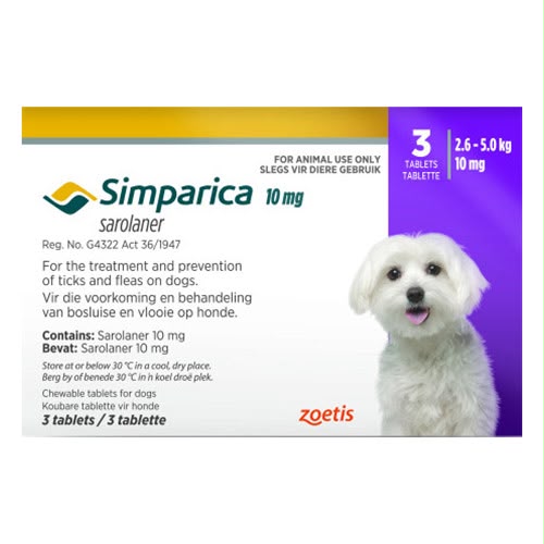 Simparica (Sarolaner) 10 mg Chewable Tablets for Dogs, 2.6–5.0 kg, 3-Tablet Pack