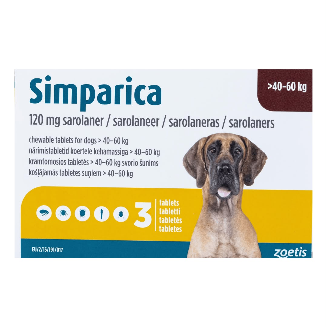 Simparica (Sarolaner) 120 mg Chewable Tablets for Dogs, 40–60 kg, 3-Tablet Pack