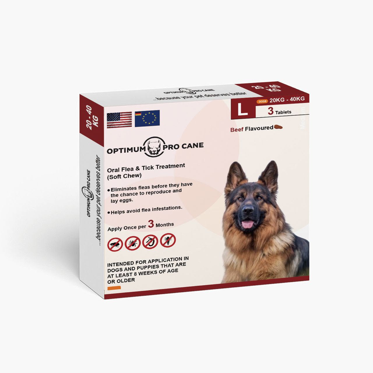 Optimum Pro Cane Oral Flea &amp; Tick Treatment Soft Chew Tablets for Dogs, 20–40 kg (Large), Beef Flavoured, 3 Tablets