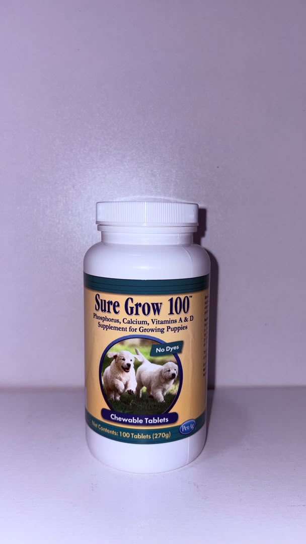 Sure Grow 100™ Chewable Tablets – Phosphorus, Calcium, Vitamins A &amp; D Supplement for Growing Puppies (100 Tablets / 270g)