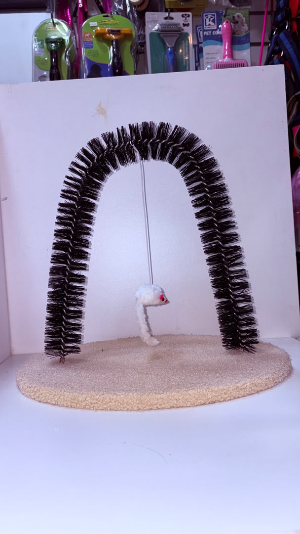Interactive Cat Grooming Arch with Self-Grooming Brush &amp; Hanging Mouse Toy – Cat Massage and Scratch Station