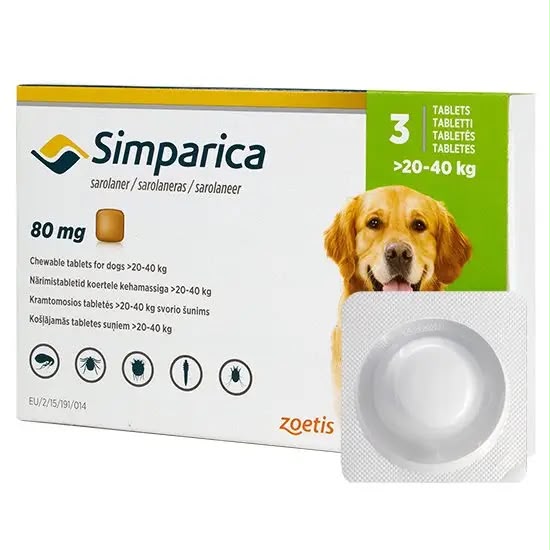 Simparica (Sarolaner) 80 mg Chewable Tablets for Dogs, 20–40 kg, 3-Tablet Pack