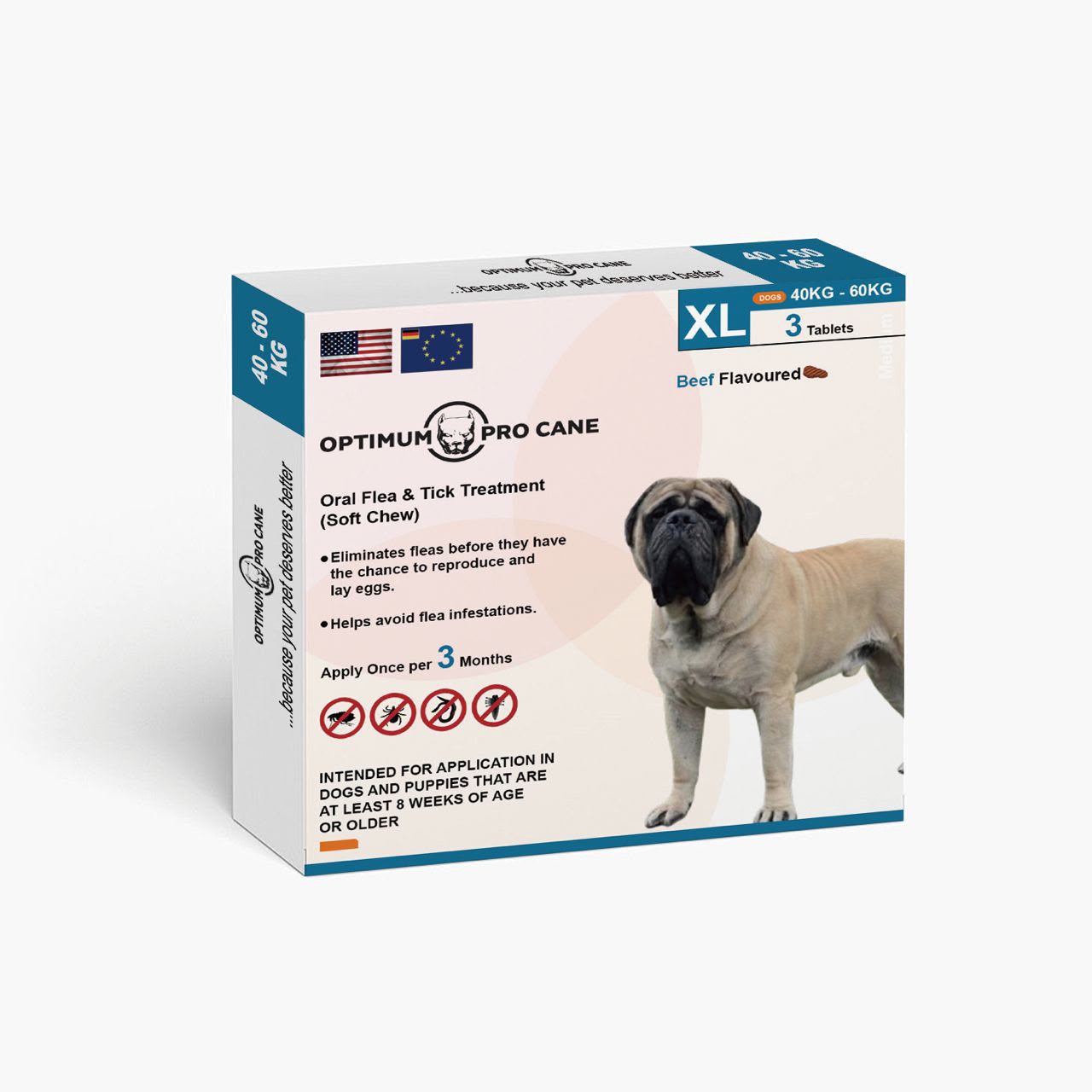 Optimum Pro Cane Oral Flea &amp; Tick Treatment Soft Chew Tablets for Dogs, 40–60 kg (XL), Beef Flavoured, 3 Tablets