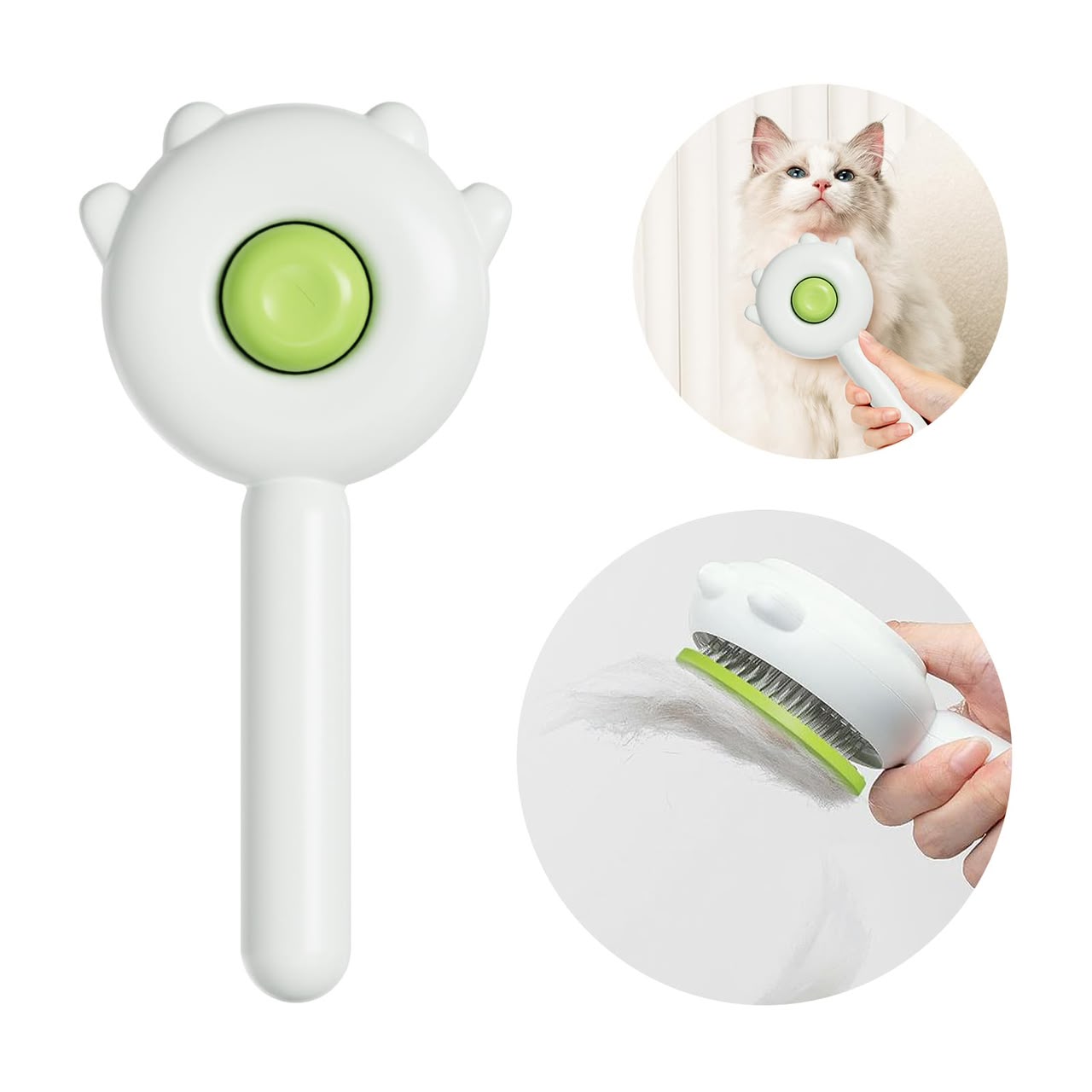 Self-Cleaning Cat Ear-Design Grooming Slicker Brush, White &amp; Green
