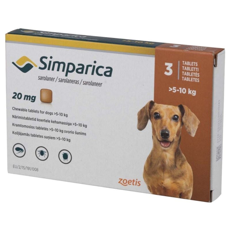 Simparica (Sarolaner) 20 mg Chewable Tablets for Dogs, 5–10 kg, 3-Tablet Pack