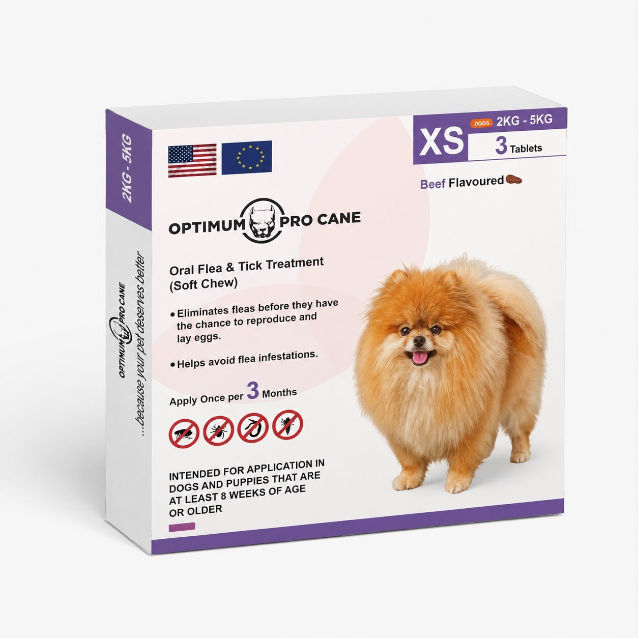 Optimum Pro Cane Oral Flea &amp; Tick Treatment Soft Chew Tablets for Dogs, 2–5 kg (XS), Beef Flavoured, 3 Tablets