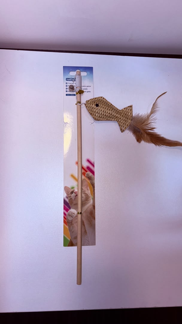 Noble Fish-Shaped Feather Wand Cat Toy on Wooden Stick