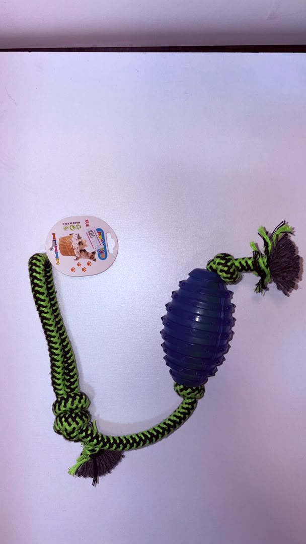 Rubber Football with Braided Rope Dog Chew Toy, Blue &amp; Green