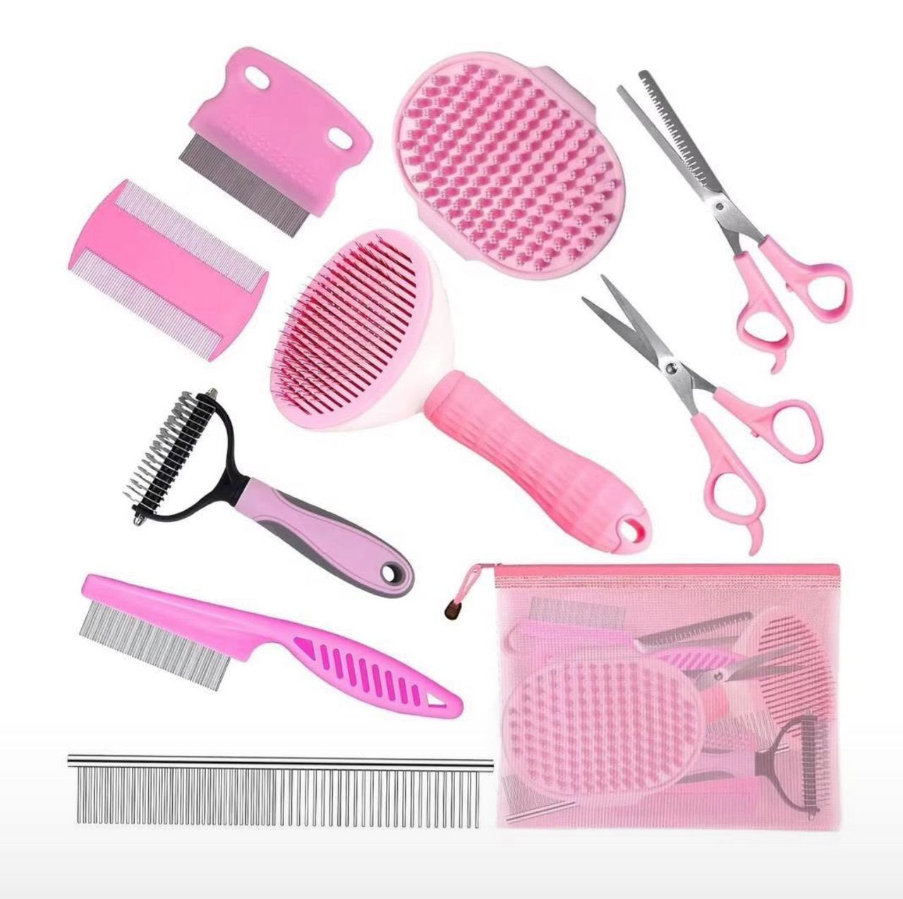10-Piece Professional Pet Grooming Kit with Deshedding Brush, Slicker Brush, Grooming Scissors, Combs &amp; Storage Pouch (Pink)