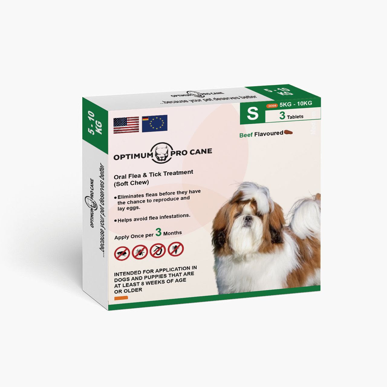 Optimum Pro Cane Oral Flea &amp;amp; Tick Treatment Soft Chew Tablets for Dogs, 5–10 kg (Small), Beef Flavoured, 3 Tablets