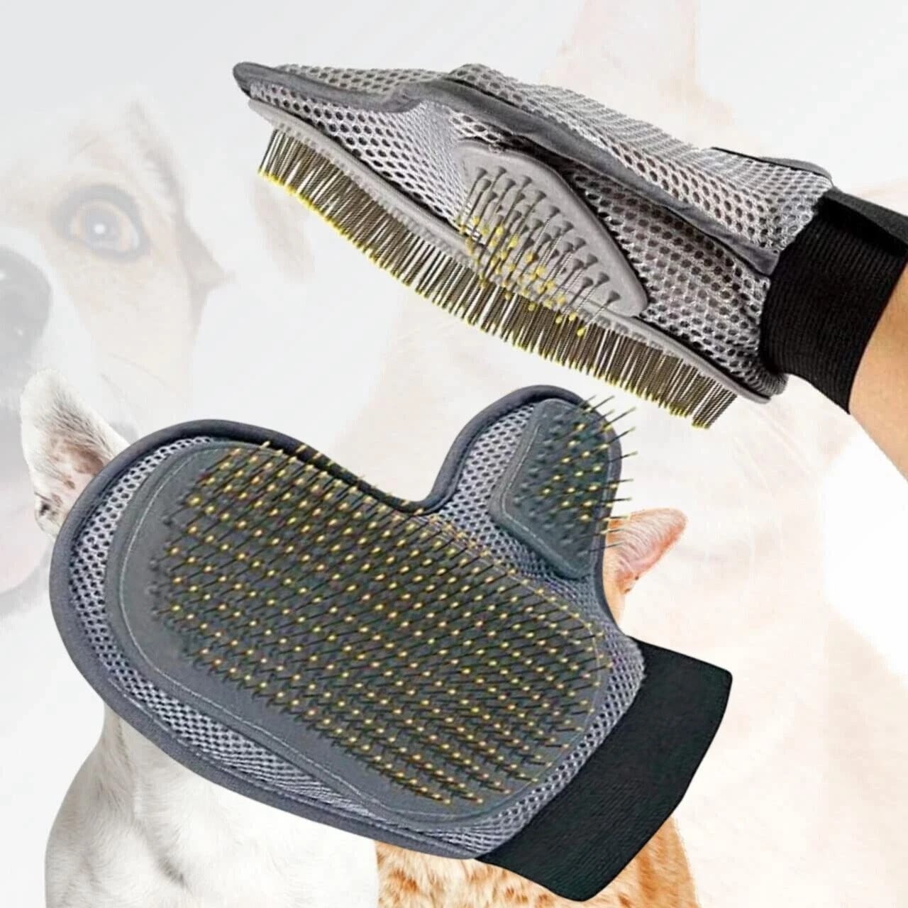 Deshedding Grooming Glove Mitt with Fine Pin Bristles for Dogs &amp; Cats