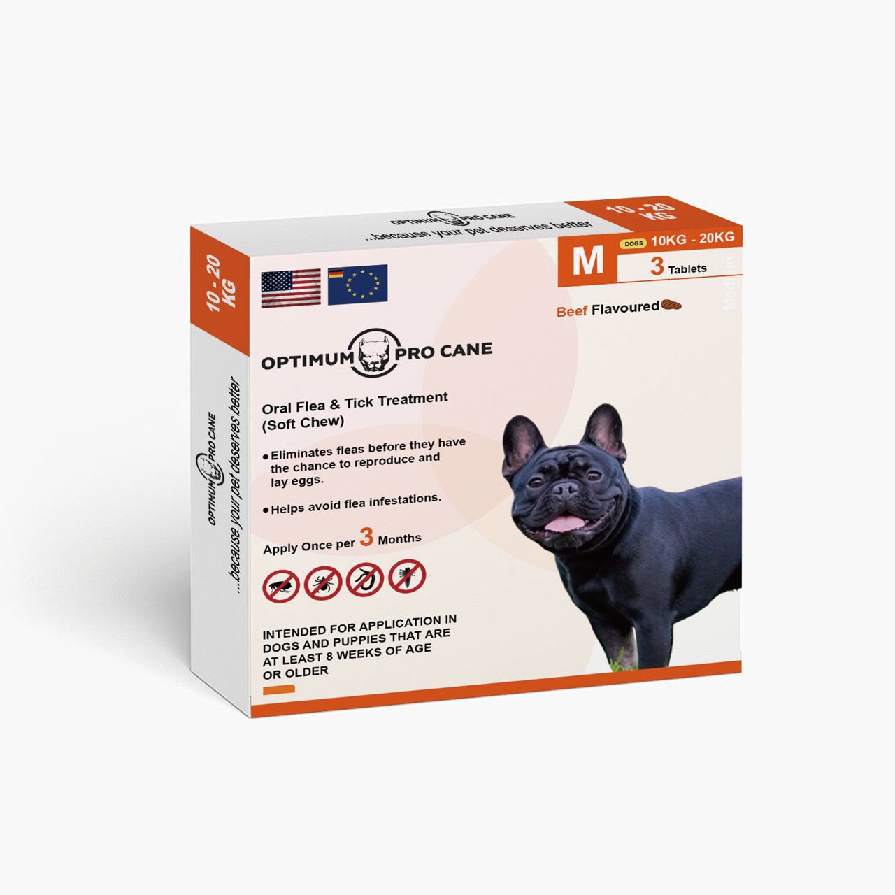 Optimum Pro Cane Oral Flea &amp; Tick Treatment Soft Chew Tablets for Dogs, 10–20 kg (Medium), Beef Flavoured, 3 Tablets