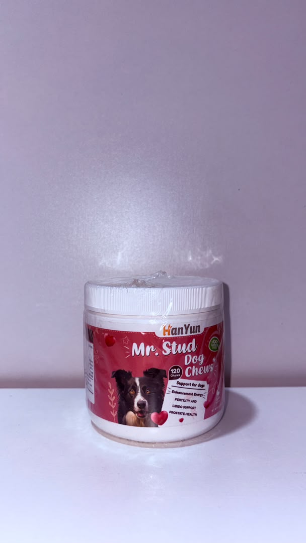 HanYun Mr. Stud Dog Chews, a soft chew nutritional supplement formulated to support male dogs' reproductive and overall health.