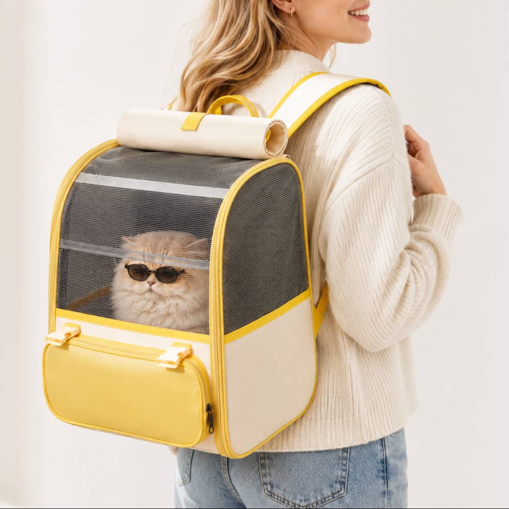 Premium Breathable Pet Carrier Backpack with Mesh Ventilation &amp; Storage Pocket – Yellow &amp; Cream