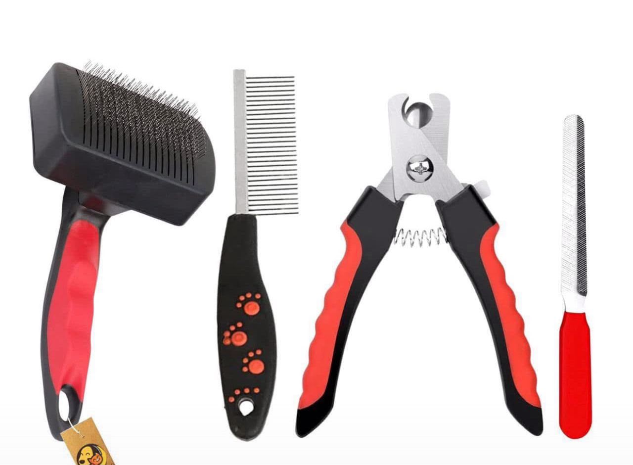 4-Piece Professional Pet Grooming Tool Kit with Slicker Brush, Stainless Steel Comb, Nail Clipper &amp; Nail File